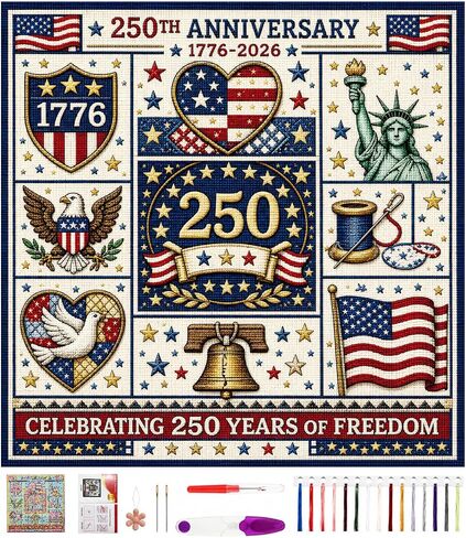 Vintage US Flag Cross Stitch Kit Beginners Embroidery 1776-2026 in Kuwait