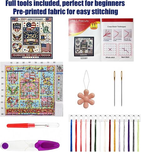 Vintage US Flag Cross Stitch Kit Beginners Embroidery 1776-2026 in Kuwait