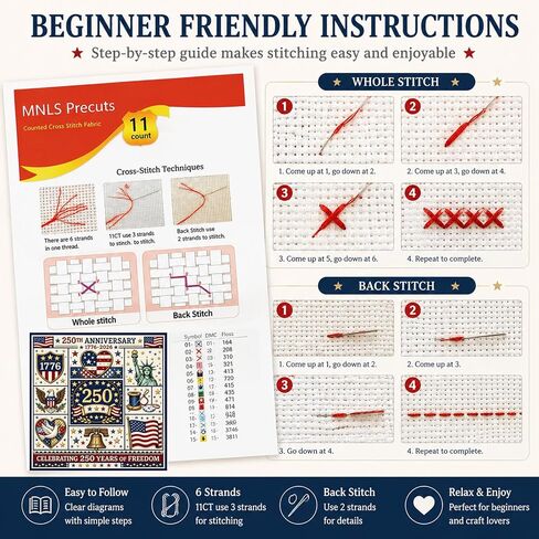Vintage US Flag Cross Stitch Kit Beginners Embroidery 1776-2026 in Kuwait