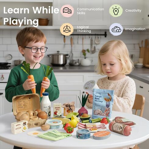 Tiny Land Wooden Play Food Set Bundle Includes 50 PCS of Fruits, Veggies, Meats, Seafood, Eggs & Dairy in Saudi Arabia