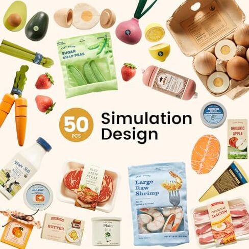 Tiny Land Wooden Play Food Set Bundle Includes 50 PCS of Fruits, Veggies, Meats, Seafood, Eggs & Dairy in Saudi Arabia