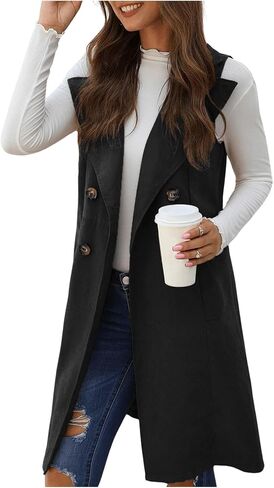 GORGLITTER Women's Sleeveless Collar Long Vest Cardigans Open Front Longline Blazer Jackets Outerwear With Pocket in Kuwait