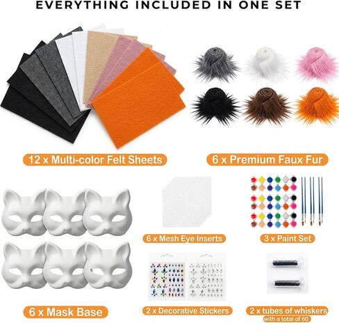 37 Pcs Therian Mask Kit White Cat Masks DIY to Paint Furry Animal Mask Therian Gear Therian Stuff for Halloween Masquerade Cosplay Party (C) in Kuwait