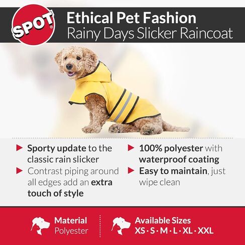 SPOT Rainy Days Slicker - Yellow Dog Rain Jacket With Hood, Reflective Strip for Safety, Leash Hole & Adjustable Velcro Belly Strap, 100% Polyester Water Resistant Pet Raincoat - Medium, 13in Long in Kuwait