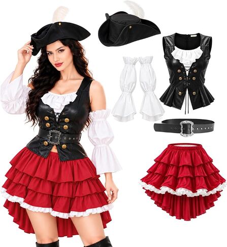 Funna Pirate Costume Women Adult Outfit 5 Piece with Hat Pirate Skirt Belt in Kuwait