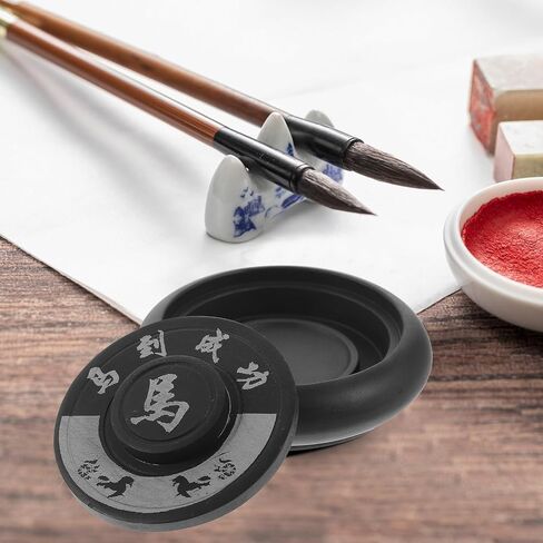 Natural Stone round Ink Grinding Plate with Lid for Calligraphy Practice in Kuwait