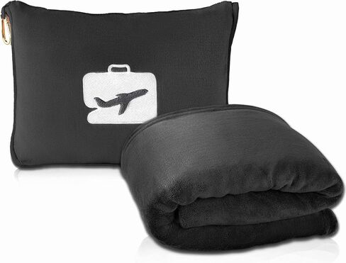 EverSnug Travel Blanket and Pillow - Premium Soft 2 in 1 Airplane Blanket with Soft Bag Pillowcase, Hand Luggage Sleeve and Backpack Clip (Black) in Kuwait