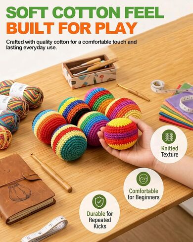 6 Pack Handmade Knitted Footbag Set,2026 Upgraded Colorful Crochet Kick Balls,Juggling Toss Bags, Handmade Footbags for Outdoor Play,Party Games & Coordination Training in Kuwait