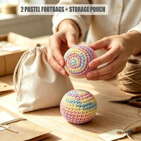 Flzoaveus Handmade Crocheted Footbags (2 Pack) - Durable Cotton Knit Kick Sack Juggling Balls for Outdoor Play, Party Games & Coordination Training, Macaron Pastel Colors in Kuwait