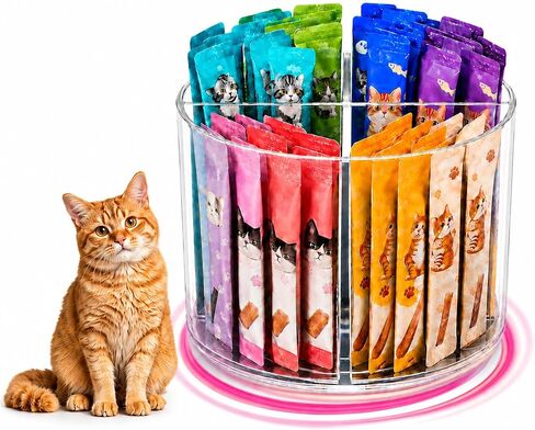 Lickable Cat Treats Organizer, 360° Rotating Acrylic Lazy Susan with 4 Compartments, Squeeze Up Cat Treat Tube Storage Organizer for Puree Snacks, Kitchen Cabinet, Pantry and Countertop in Kuwait