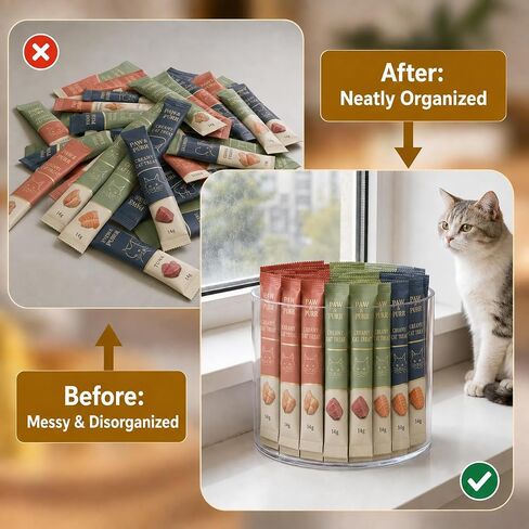 Lickable Cat Treats Organizer, 360° Rotating Acrylic Lazy Susan with 4 Compartments, Squeeze Up Cat Treat Tube Storage Organizer for Puree Snacks, Kitchen Cabinet, Pantry and Countertop in Kuwait