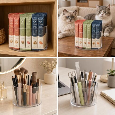 Lickable Cat Treats Organizer, 360° Rotating Acrylic Lazy Susan with 4 Compartments, Squeeze Up Cat Treat Tube Storage Organizer for Puree Snacks, Kitchen Cabinet, Pantry and Countertop in Kuwait