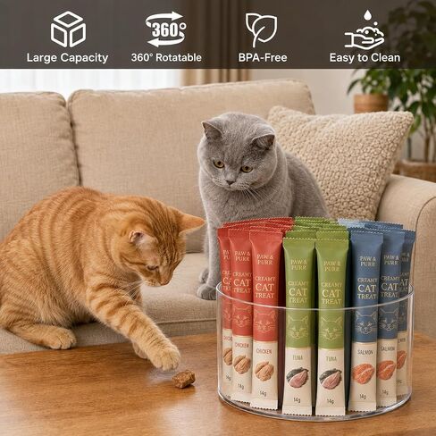 Lickable Cat Treats Organizer, 360° Rotating Acrylic Lazy Susan with 4 Compartments, Squeeze Up Cat Treat Tube Storage Organizer for Puree Snacks, Kitchen Cabinet, Pantry and Countertop in Kuwait