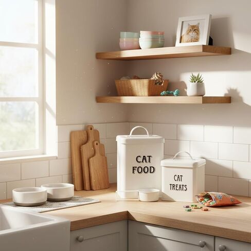Morezi Farmhouse Cat Food Storage Container with Lid and Scoop, Pet Food Treats Holder, Sturdy Canister Tins for Kitchen Countertop, Shelf, Great Gift for Pet Owners, 5 lbs in Kuwait