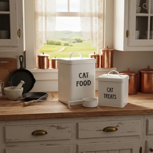 Morezi Farmhouse Cat Food Storage Container with Lid and Scoop, Pet Food Treats Holder, Sturdy Canister Tins for Kitchen Countertop, Shelf, Great Gift for Pet Owners, 5 lbs in Kuwait