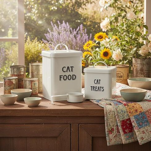 Morezi Farmhouse Cat Food Storage Container with Lid and Scoop, Pet Food Treats Holder, Sturdy Canister Tins for Kitchen Countertop, Shelf, Great Gift for Pet Owners, 5 lbs in Kuwait