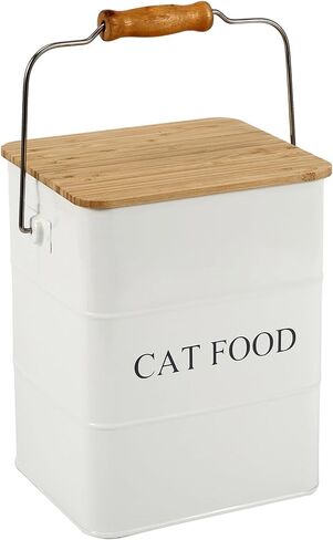 Morezi Cat Food Storage Container Storage bin with Wooden lid Scoop Included White Metal cat Food Container in Kitchen countertop in Kuwait