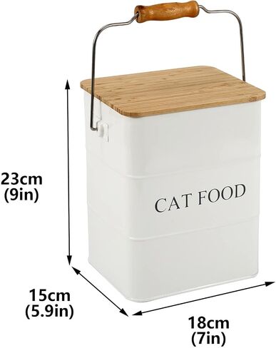 Morezi Cat Food Storage Container Storage bin with Wooden lid Scoop Included White Metal cat Food Container in Kitchen countertop in Kuwait