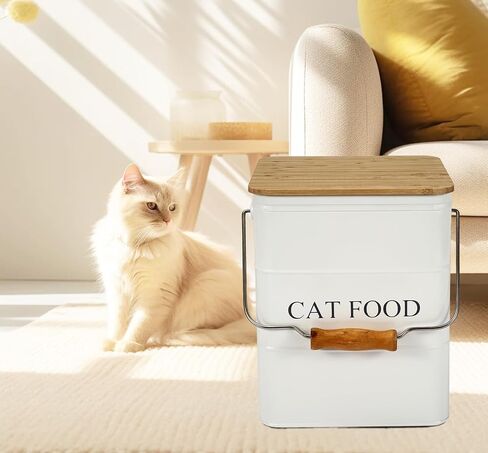 Morezi Cat Food Storage Container Storage bin with Wooden lid Scoop Included White Metal cat Food Container in Kitchen countertop in Kuwait