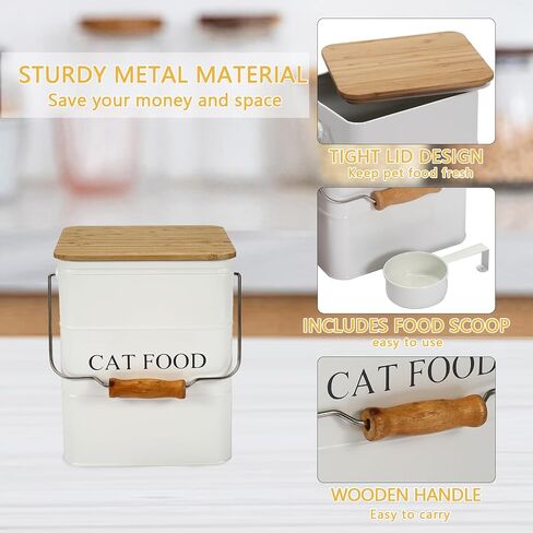Morezi Cat Food Storage Container Storage bin with Wooden lid Scoop Included White Metal cat Food Container in Kitchen countertop in Kuwait