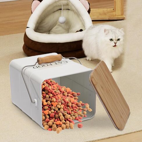 Morezi Cat Food Storage Container Storage bin with Wooden lid Scoop Included White Metal cat Food Container in Kitchen countertop in Kuwait