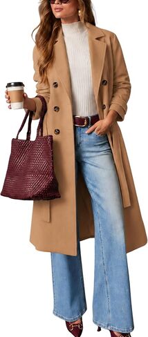 Himosyber Women Wool Blend Pea Coat Camel Notched Collar Double Breasted Outerwear Jacket in Kuwait
