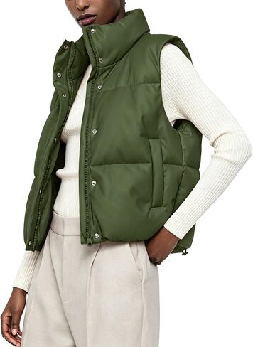 Ailoqing Womens Faux Leather Puffer Vest Zip Up Sleeveless Winter Cropped Jacket in Kuwait