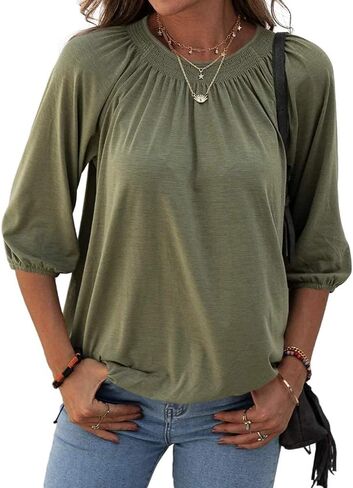 Grlasen Women's Solid Crew Neck T Shirt Blouse Cotton Half Sleeve 3/4 Sleeve Casual Loose Pleated Basic Tops in Kuwait