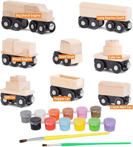 ORBRIUM 8 Unpainted Wooden Train Cars with 12 Colors Paint & Brushes Set for Wooden Railway Compatible Thomas & Brio Magnetic Trains Theme Birthday Party Favors Craft Creative Activity Boys Kids Girls in Saudi Arabia
