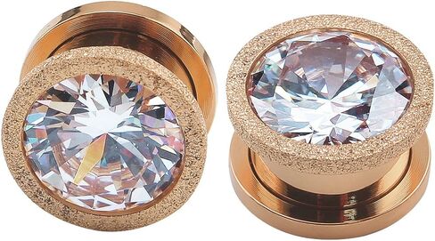 ZS Rose Gold Stainless Steel Screw Big Cubic Zirconia Ear Gauges Plugs Tunnels Expander Body Piercing in Kuwait