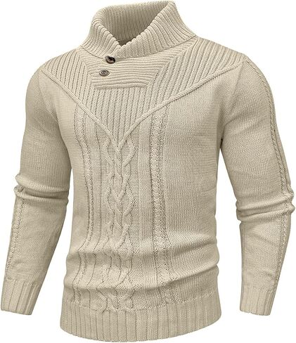 SAVKOOV Men's Shawl Collar Pullover Sweater Casual Button Cable Knit Sweaters in Kuwait