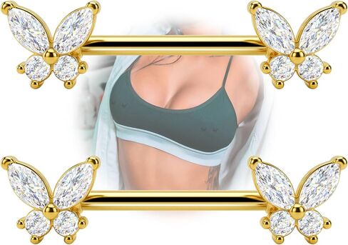 Jewseen Butterfly Nipple Rings for Women 14G Nipple Piercing Jewelry Gold Nipple Ring Surgical Steel Nipple Shield CZ Nipple Barbell Body Piercing Jewelry for Women in Kuwait