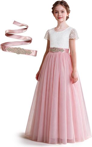 Abaowedding Lace V-Back Flower Girl Dress Tutu Tulle Princess Party Dress with Satin Sash in Kuwait