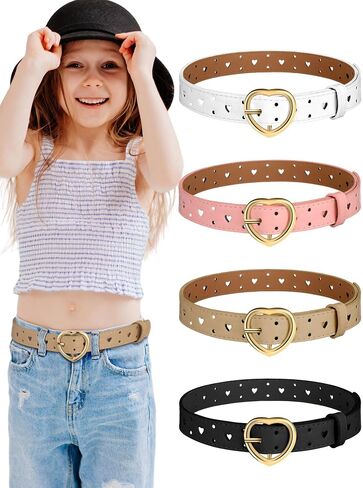 Newcotte 4 Pcs Girls Belt Size Aged 3-12 Kids PU Leather Waist Hollow Heart Design Kids Belts for Dress Pants Jean in Saudi Arabia
