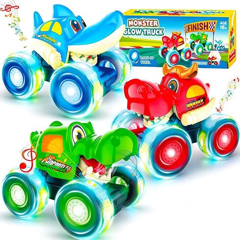 Kimicare 3 Pack Monster Truck Toy,Light Up Cars for Boys,Animal Toy Cars for Toddlers with Shark Bull Crocodile,Musical Press & Go Trucks for Kids,Christmas Birthday Gift for Boy in Saudi Arabia