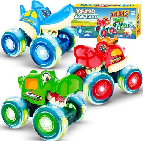 Kimicare 3 Pack Monster Truck Toy,Light Up Cars for Boys,Animal Toy Cars for Toddlers with Shark Bull Crocodile,Musical Press & Go Trucks for Kids,Christmas Birthday Gift for Boy in Saudi Arabia