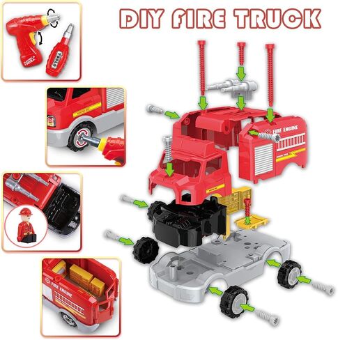 LONGET Take Apart Toy, Educational Car Toy for Boys & Girls, Build Your Own Car Toy Fire Truck, Learning Playset with Tools and Power Drill, DIY Assembly Car with Realistic Sounds & Lights (3+ Ages) in Kuwait