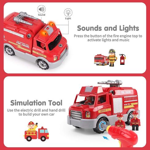 LONGET Take Apart Toy, Educational Car Toy for Boys & Girls, Build Your Own Car Toy Fire Truck, Learning Playset with Tools and Power Drill, DIY Assembly Car with Realistic Sounds & Lights (3+ Ages) in Kuwait