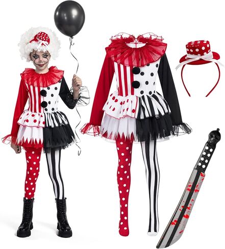 Spooktacular Creations Girls Clown Costume, Killer Clown Costume, Black and White Jester Dress for Girls Halloween Dress Up in Kuwait
