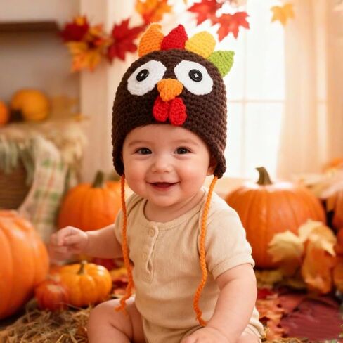 Baby Thanksgiving Turkey Hat Brown Knitted Cap Infant Toddler Costume in Kuwait