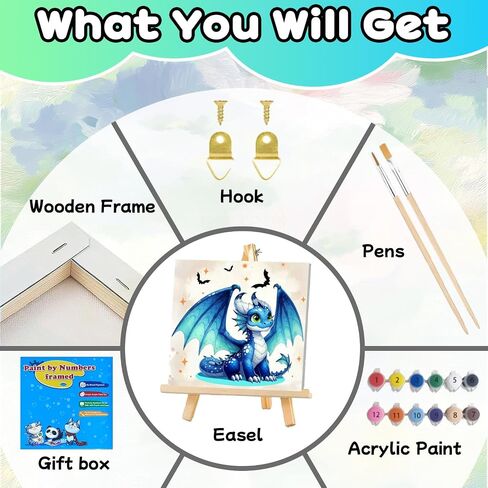 SUHEFAFA Framed Paint by Numbers Kit for Kids Ages 4-8-12, Dragon Painting by Numbers for Kids, DIY Dragon Acrylic Oil Painting for Home Wall Art Decor Gift 7.8x7.8 inch,Includes Easel in Kuwait