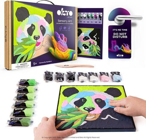 Okto Paint by Numbers for Children - Kid's Kit with Air Dry Clay, Unique 2D Wall Art, Sensory Canvas, Panda Themed, Framed Animal Kit for Age 5+ in Kuwait