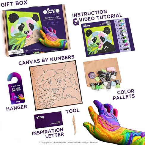 Okto Paint by Numbers for Children - Kid's Kit with Air Dry Clay, Unique 2D Wall Art, Sensory Canvas, Panda Themed, Framed Animal Kit for Age 5+ in Kuwait