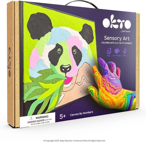 Okto Paint by Numbers for Children - Kid's Kit with Air Dry Clay, Unique 2D Wall Art, Sensory Canvas, Panda Themed, Framed Animal Kit for Age 5+ in Kuwait