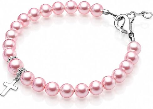 Sterling Silver Cross Charm Bracelets for Girls- Baptism Gifts for Girl with Rosaline and White Simulated Pearls, best gift for, First Communion, Baptism or Christening in Saudi Arabia