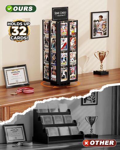 Rotating Trading Card Display Stand, Wood Sports Card Rack Holds 32 Cards in Kuwait