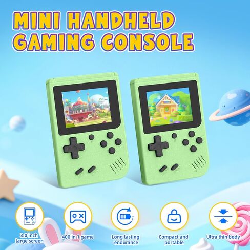 3.0 Inch IPS Screen with Mini Handheld Game Console, Built-in 400 Games, 1020mAh Rechargeable Battery Pocket Player Travel Games Arcade, Light Green in Kuwait