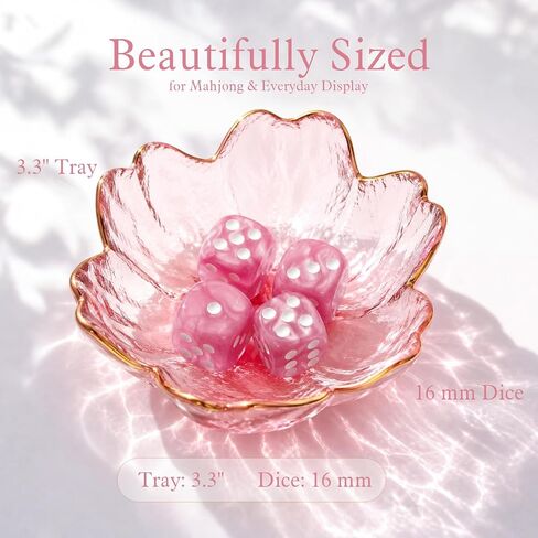 Mahjong Dice Dish with 4 Pink Swirl Mahjong Dice, Cherry Blossom Glass Tray in Kuwait