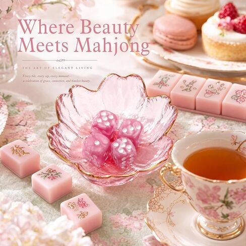 Mahjong Dice Dish with 4 Pink Swirl Mahjong Dice, Cherry Blossom Glass Tray in Kuwait
