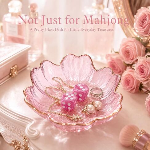 Mahjong Dice Dish with 4 Pink Swirl Mahjong Dice, Cherry Blossom Glass Tray in Kuwait